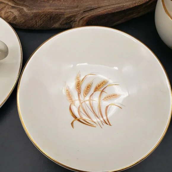 Golden Wheat 22K Gold Oven Proof Cup & Saucer Set 6 + Berry Bowl Made USA - Picture 3 of 12